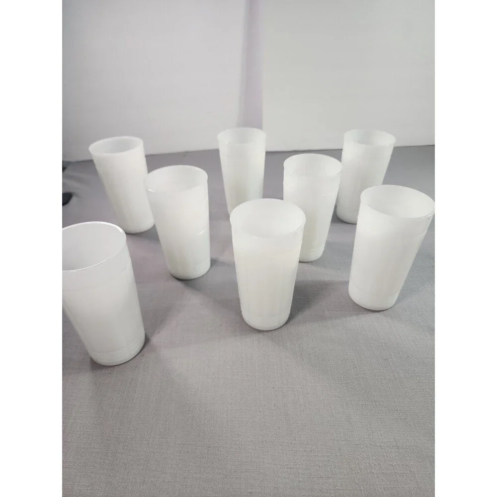 Set of 8 White Milk Glass Tumblers Ribbed Drinking Glasses Vintage Style